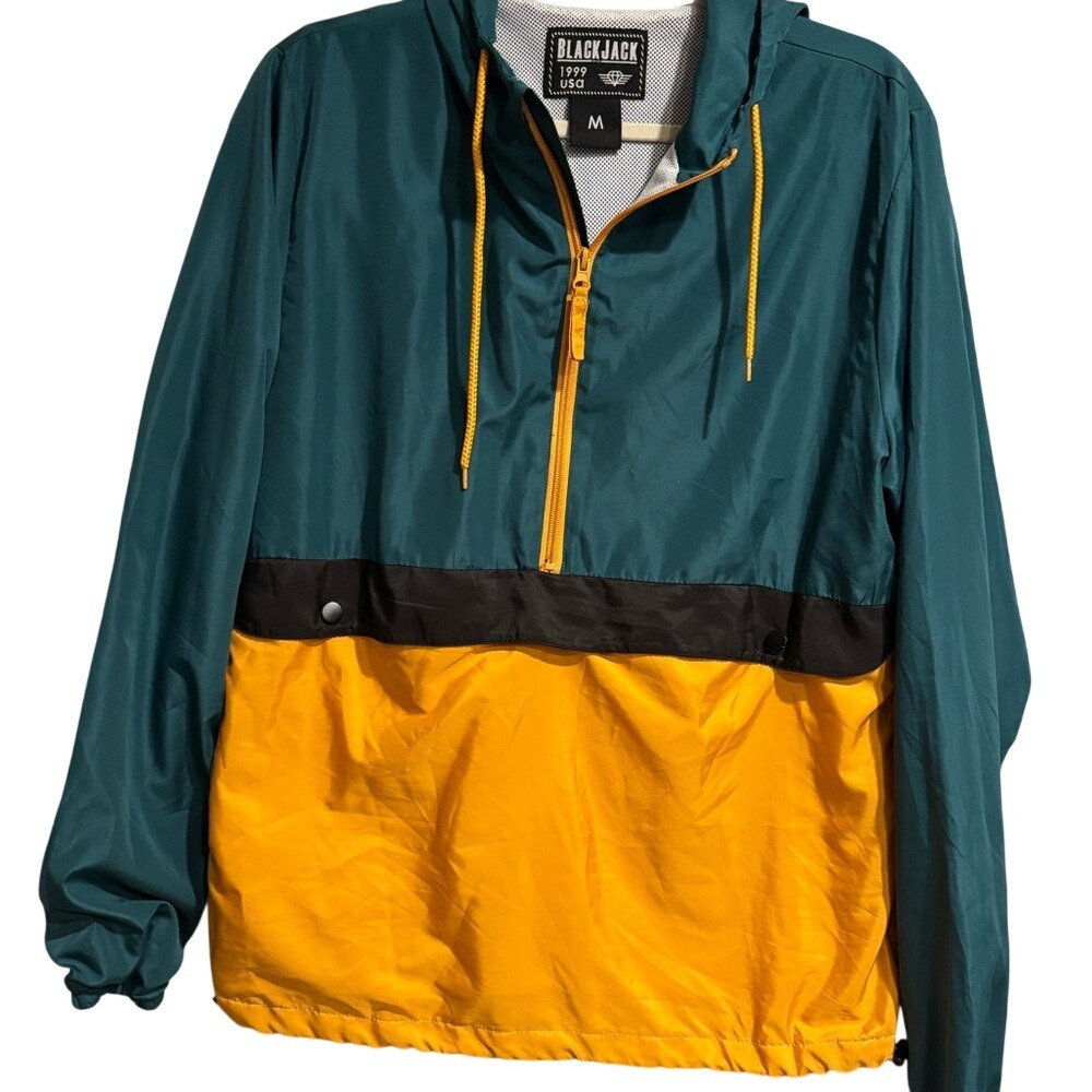 Blackjack‎ 1999 USA Colorblock Windbreaker Anorak - Teal/Yellow/Black - Size M
